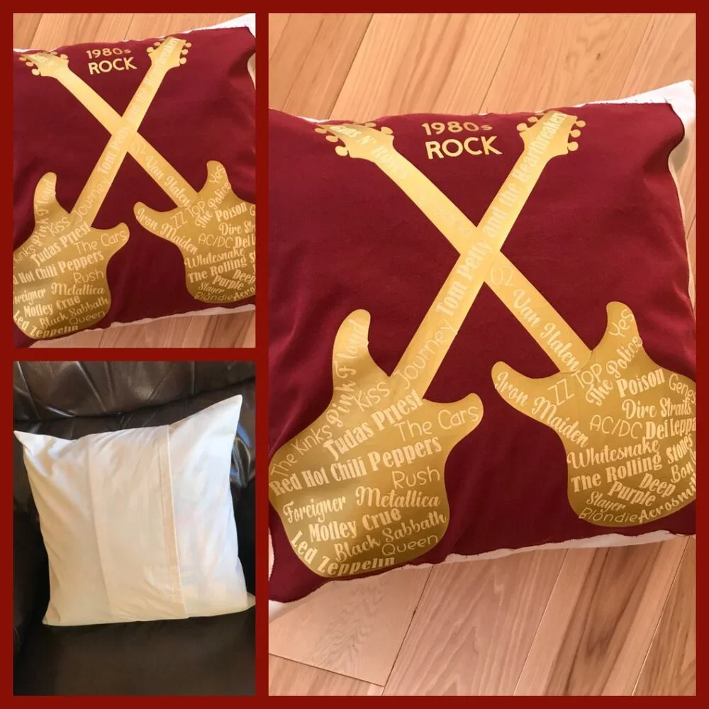 Handmade Pillow Cover, 1980s Rock Bands Guitars Music Room Decor 18 x 18 inches
